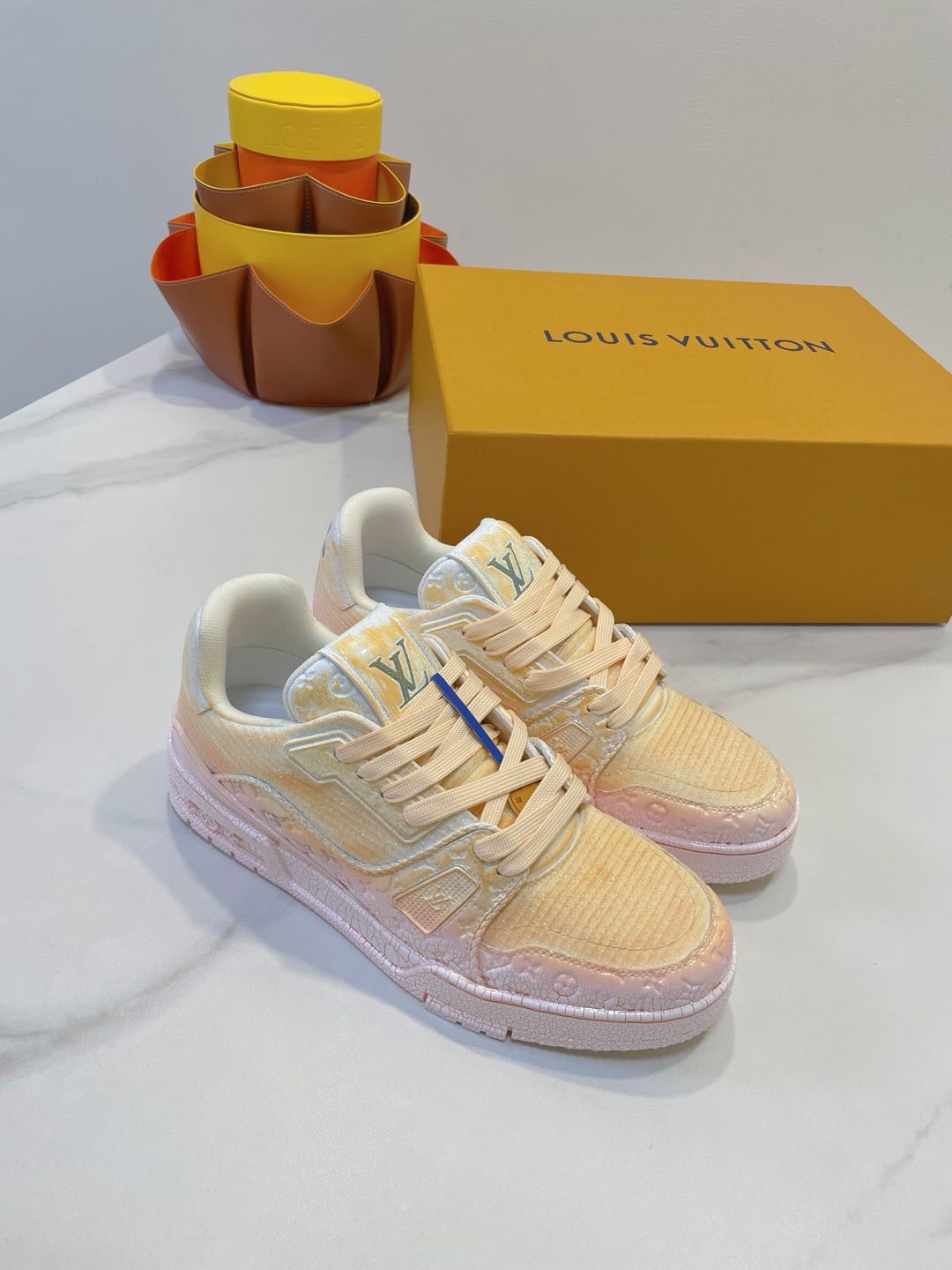 LOUIS VUITTON LV TRAINER MAXI SNEAKER IN LIGHT PINK OMBRE ORANGE EMBOSSED CALFSKIN