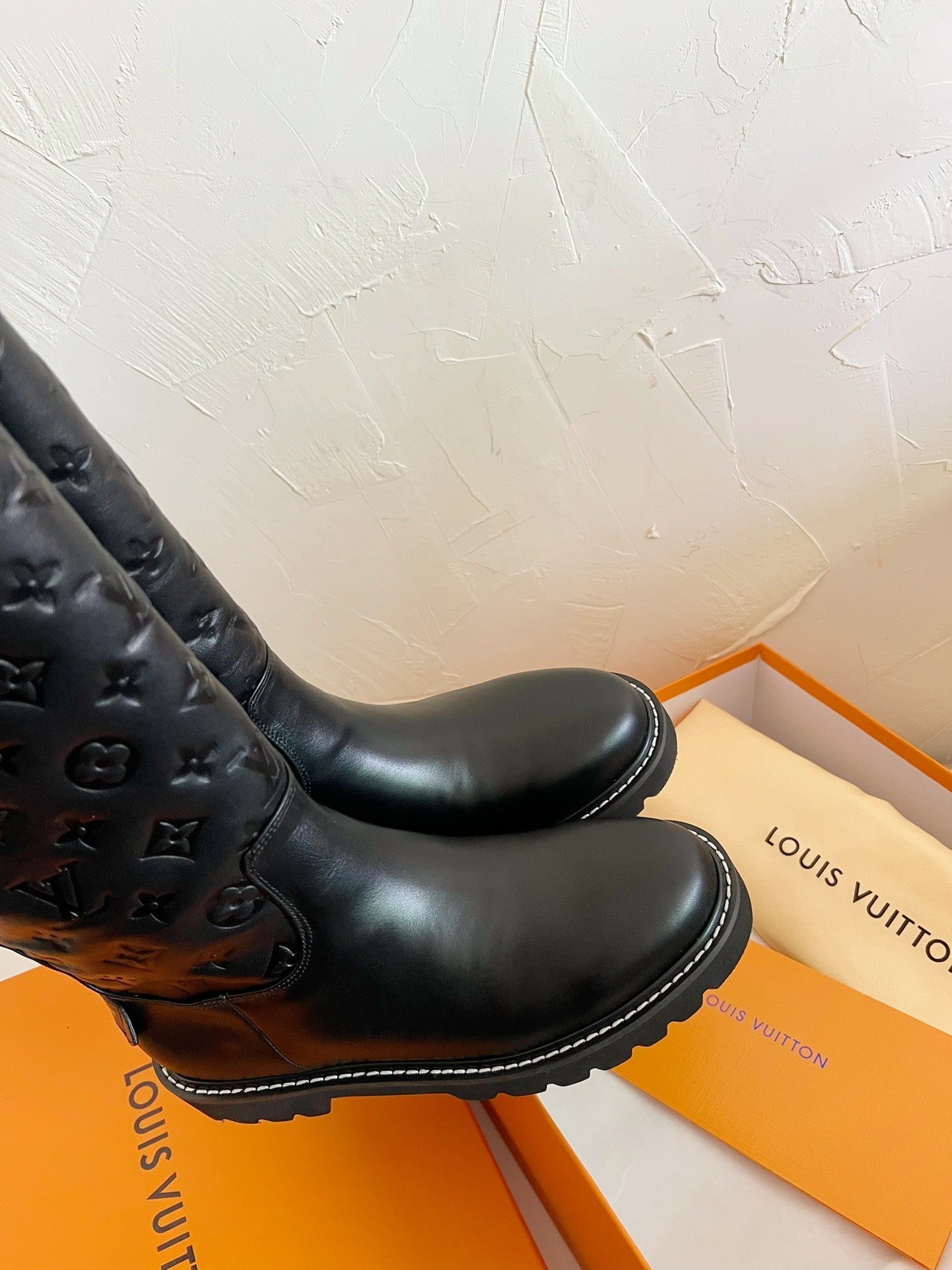 LOUIS VUITTON TERRITORY FLAT HIGH BOOT IN BLACK EMBOSSED CALFSKIN