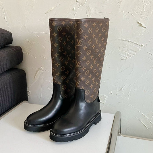LOUIS VUITTON TERRITORY FLAT HIGH BOOT IN BLACK MIX CHOCOLATE BROWN MONOGRAM CALFSKIN