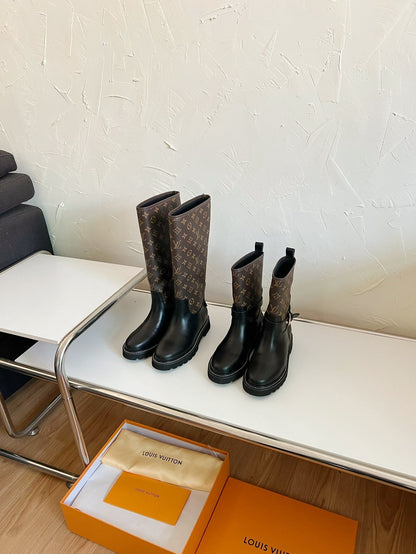 LOUIS VUITTON TERRITORY FLAT HIGH BOOT IN BLACK MIX CHOCOLATE BROWN MONOGRAM CALFSKIN