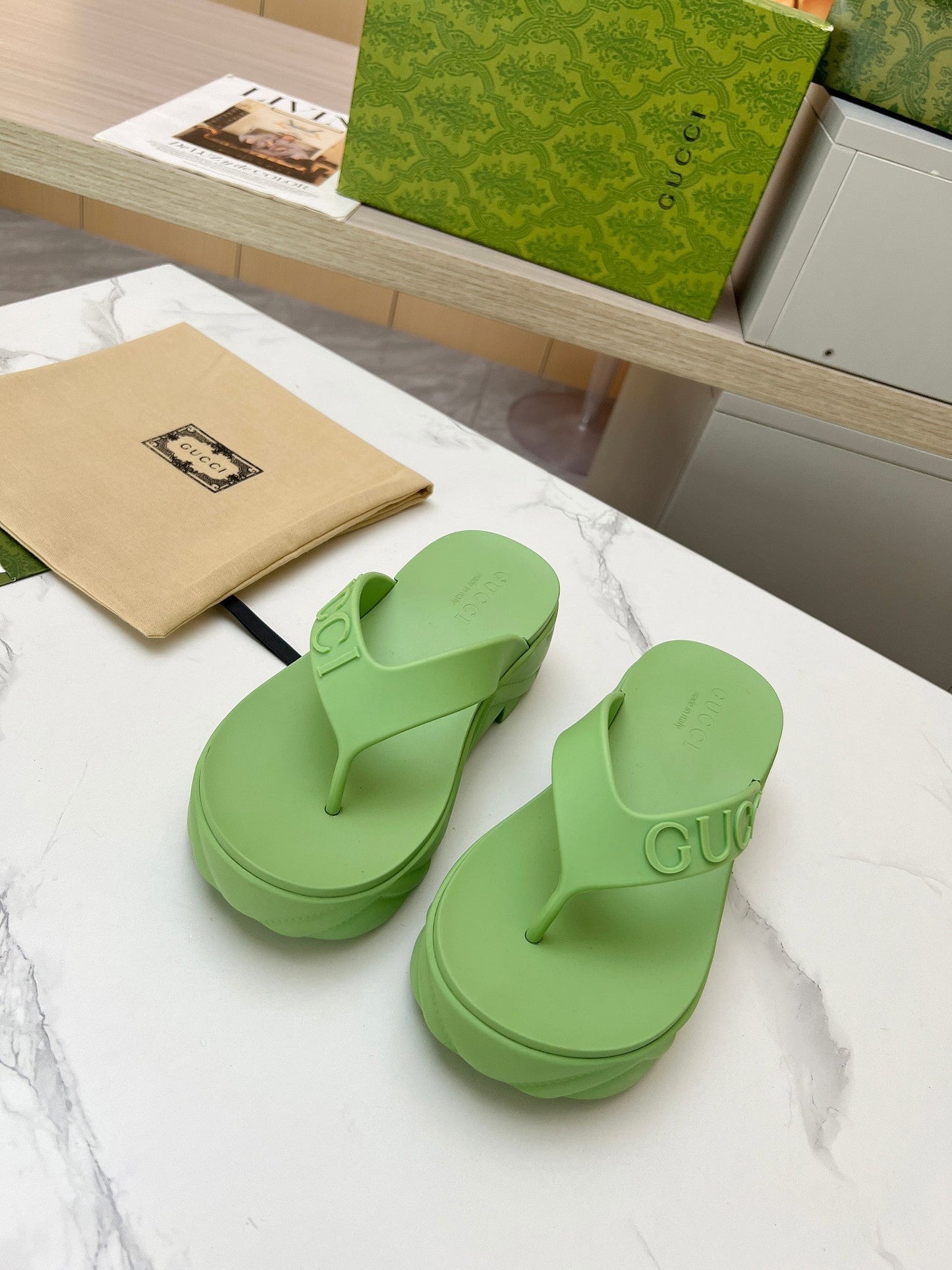 GUCCI THONG PLATFORM IN PISTACHIO GREEN IMPORTED TPU