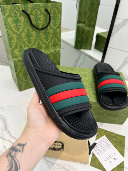GUCCI PLATFORM SLIPPERS IN BLACK MIX GREEN AND RED IMPORTED TPU