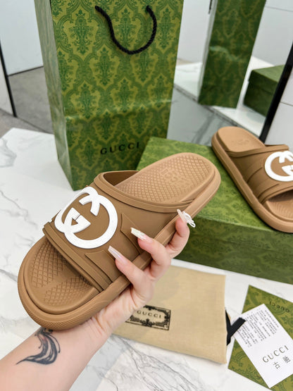 GUCCI PLATFORM SLIPPERS IN PEANUT BROWN IMPORTED TPU