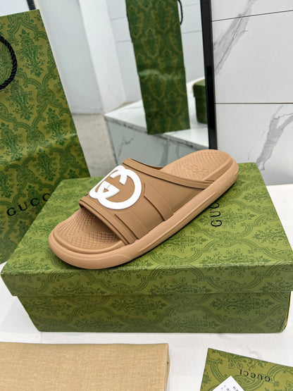 GUCCI PLATFORM SLIPPERS IN PEANUT BROWN IMPORTED TPU