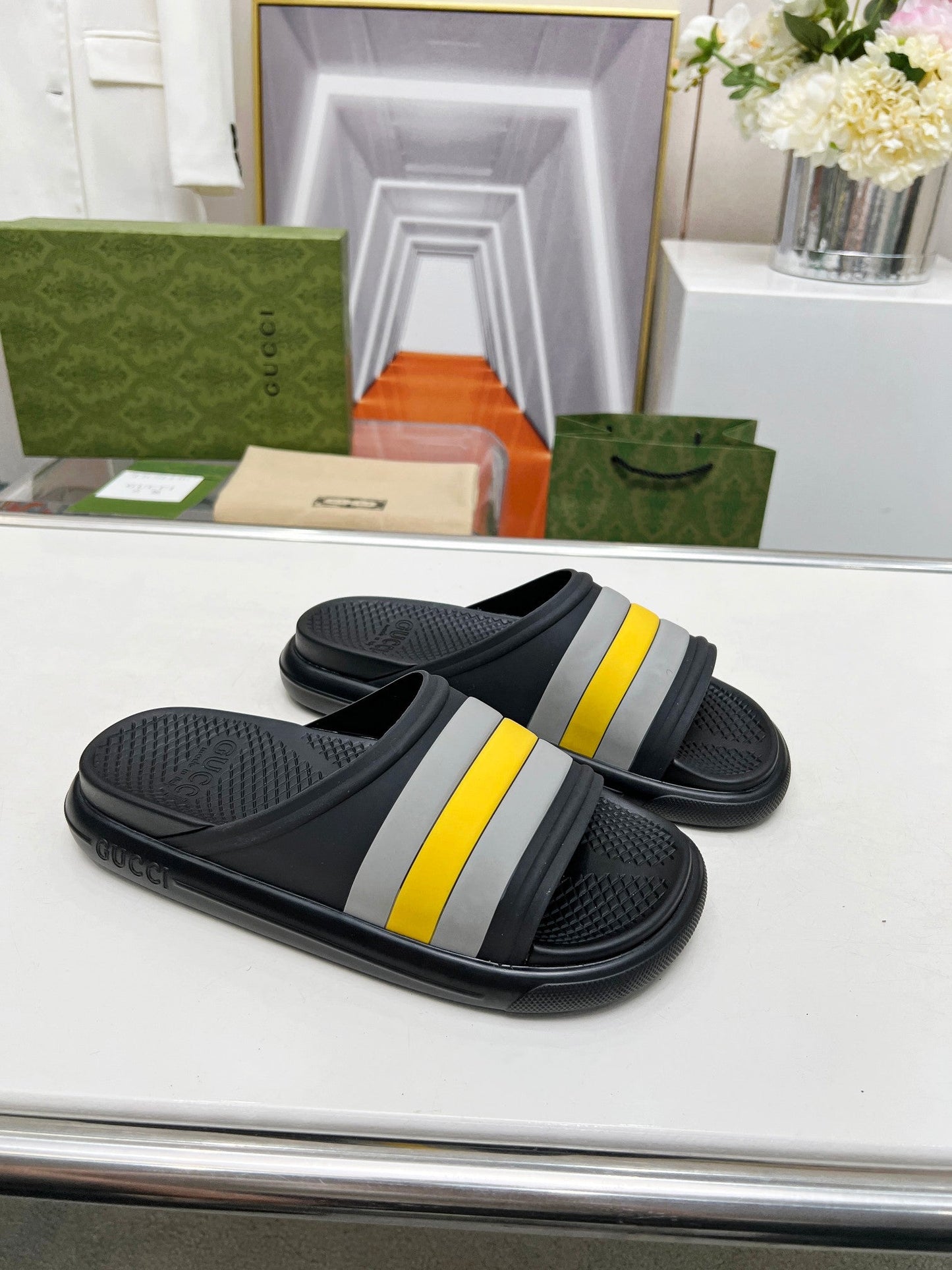 GUCCI PLATFORM SLIPPERS IN BLACK MIX GRAY AND YELLOW IMPORTED TPU