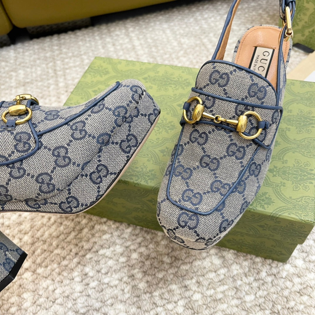 GUCCI HIGH - HEEL SLINGBACK WITH HORSEBIT LIGHT GRAY CALFSKIN