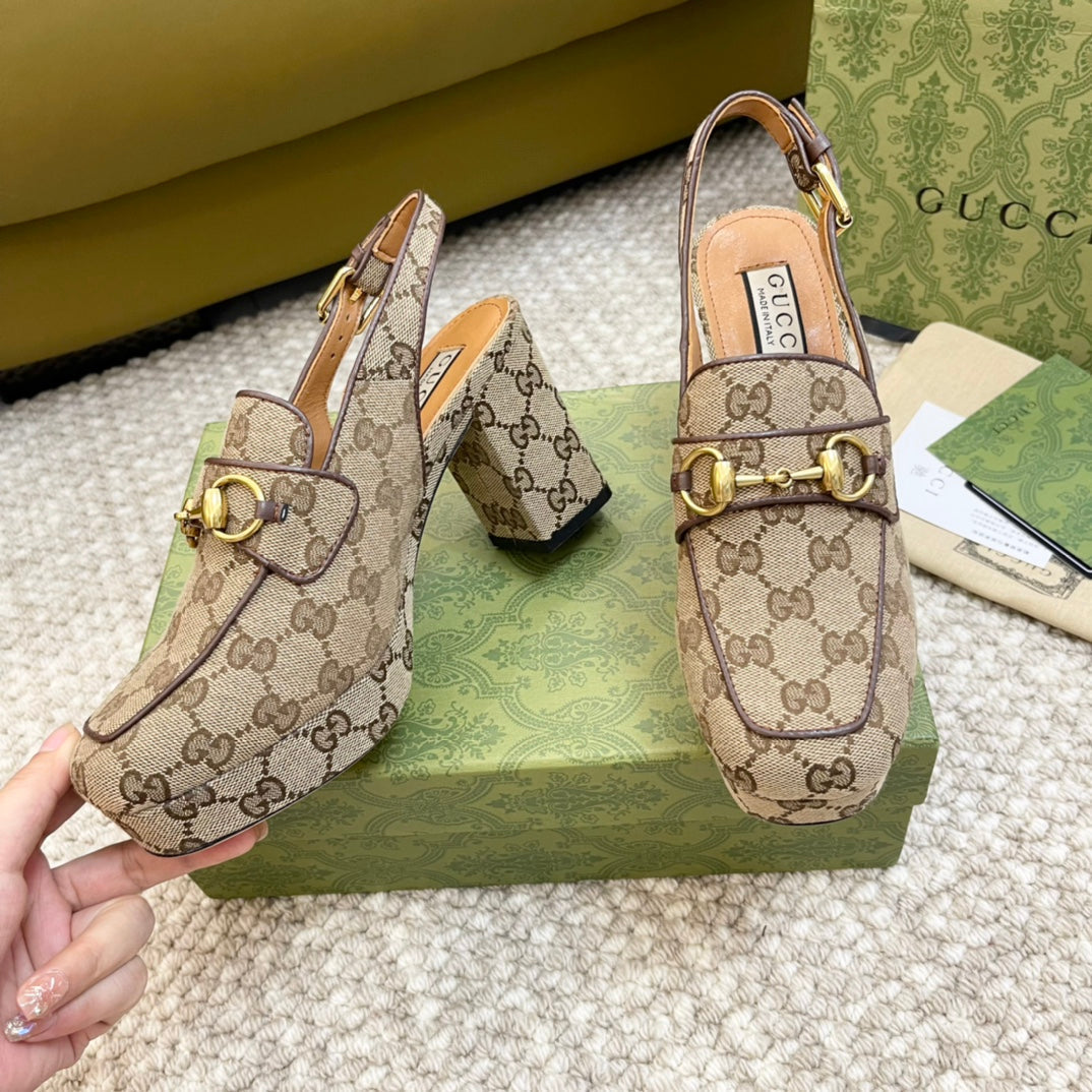 GUCCI HIGH - HEEL SLINGBACK WITH HORSEBIT LIGHT BROWN CALFSKIN
