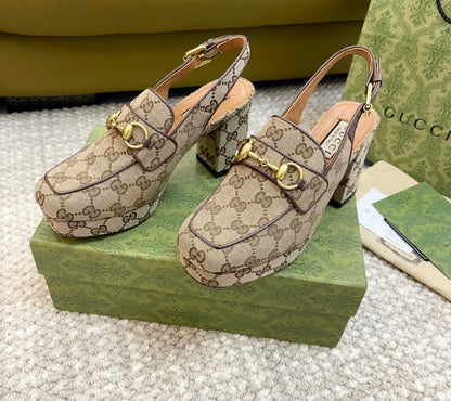 GUCCI HIGH - HEEL SLINGBACK WITH HORSEBIT LIGHT BROWN CALFSKIN
