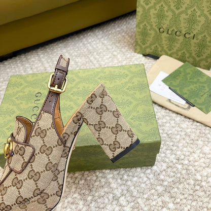 GUCCI HIGH - HEEL SLINGBACK WITH HORSEBIT LIGHT BROWN CALFSKIN