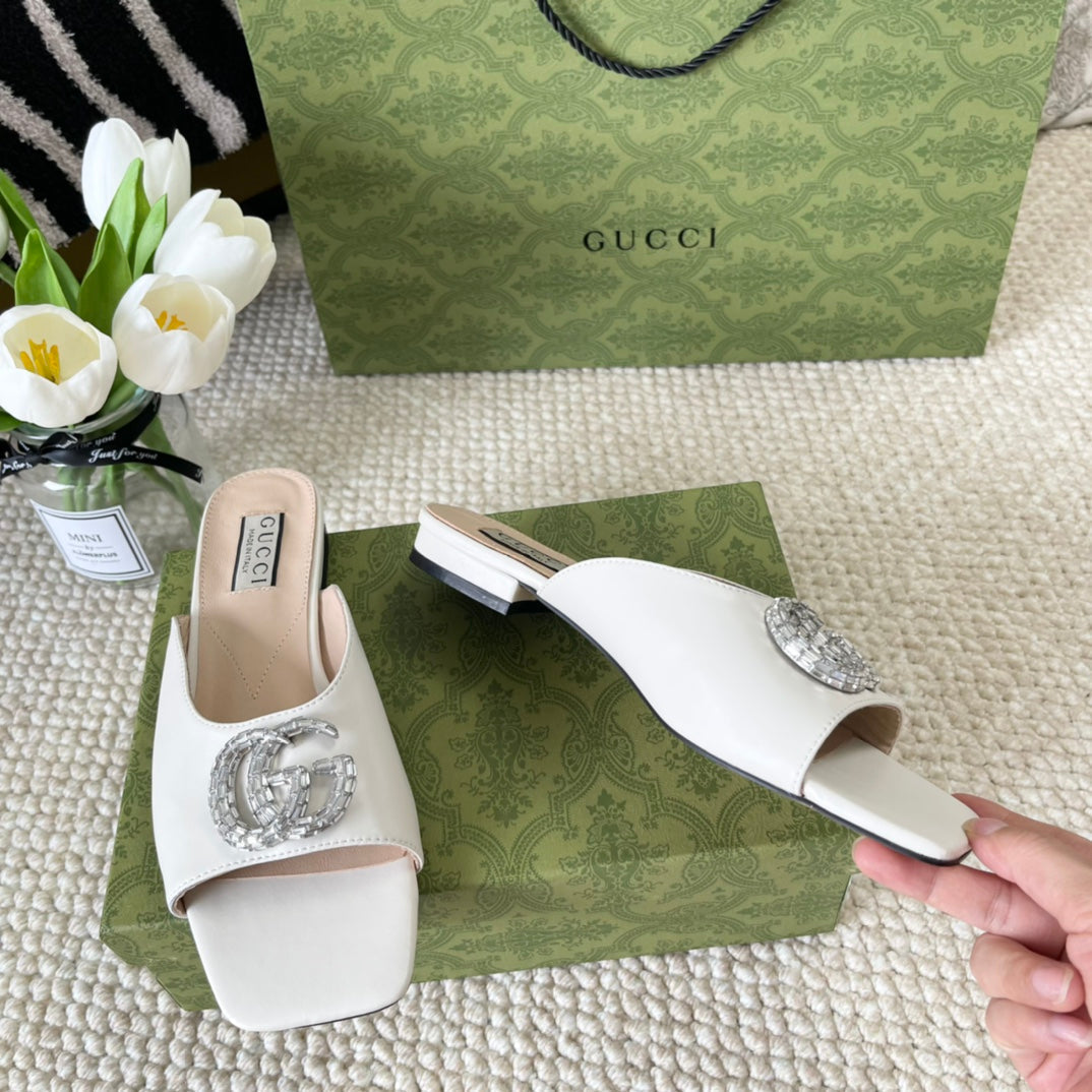GUCCI CRYSTAL SLIDES SANDAL WHITE CALFSKIN