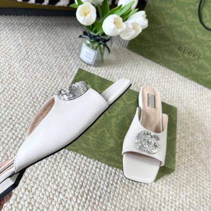 GUCCI CRYSTAL SLIDES SANDAL WHITE CALFSKIN