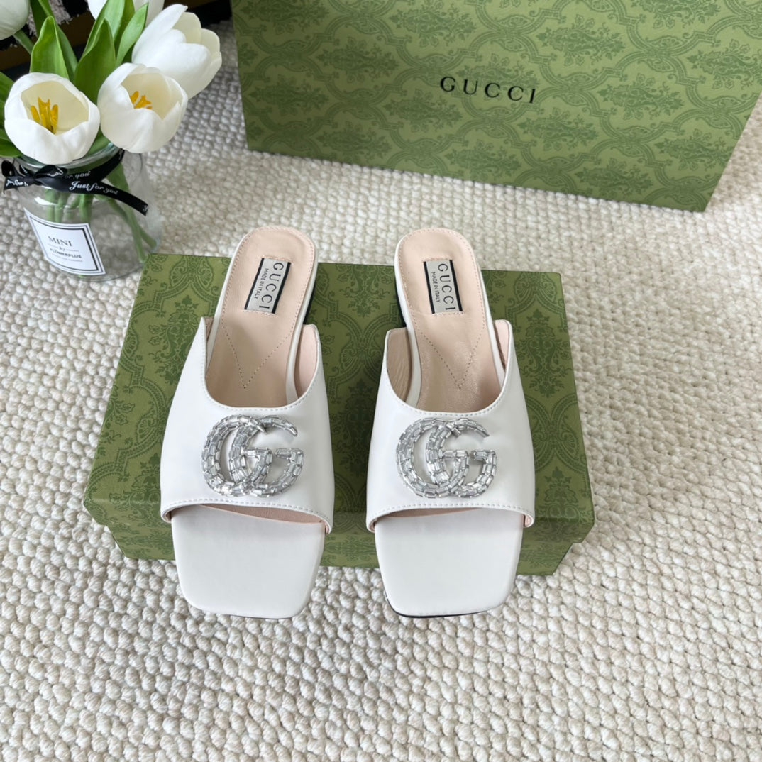 GUCCI CRYSTAL SLIDES SANDAL WHITE CALFSKIN