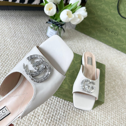GUCCI CRYSTAL SLIDES SANDAL WHITE CALFSKIN