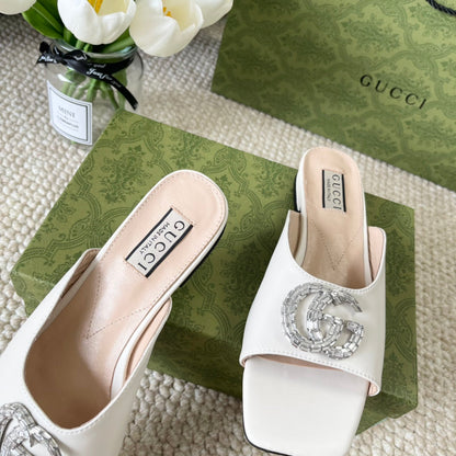 GUCCI CRYSTAL SLIDES SANDAL WHITE CALFSKIN