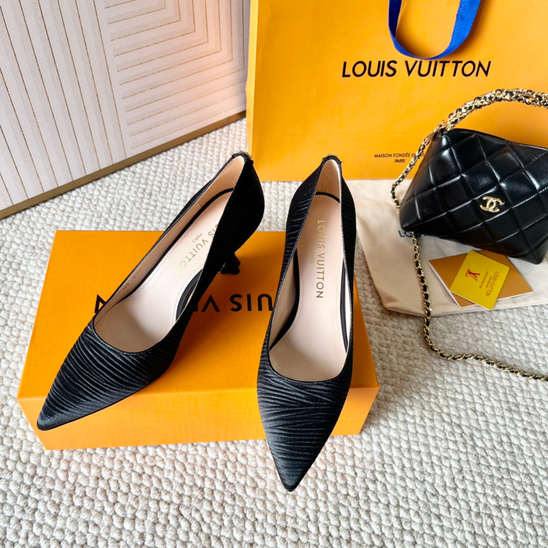 LOUIS VUITTON BLOSSOM PUMP 75 MM IN BLACK IMPORTED STRIPED SILK SATIN