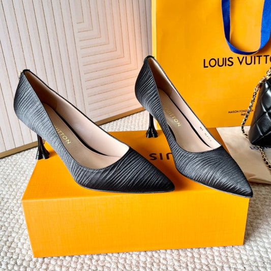 LOUIS VUITTON BLOSSOM PUMP 75 MM IN BLACK IMPORTED STRIPED SILK SATIN
