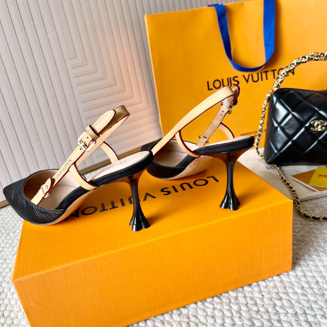 LOUIS VUITTON BLOSSOM PUMP SLINGBACKS 75 MM IN BLACK IMPORTED STRIPED SILK SATIN