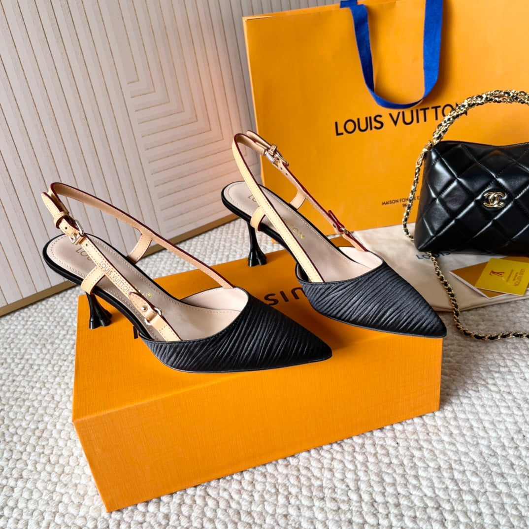 LOUIS VUITTON BLOSSOM PUMP SLINGBACKS 75 MM IN BLACK IMPORTED STRIPED SILK SATIN