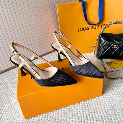 LOUIS VUITTON BLOSSOM PUMP SLINGBACKS 75 MM IN BLACK IMPORTED STRIPED SILK SATIN
