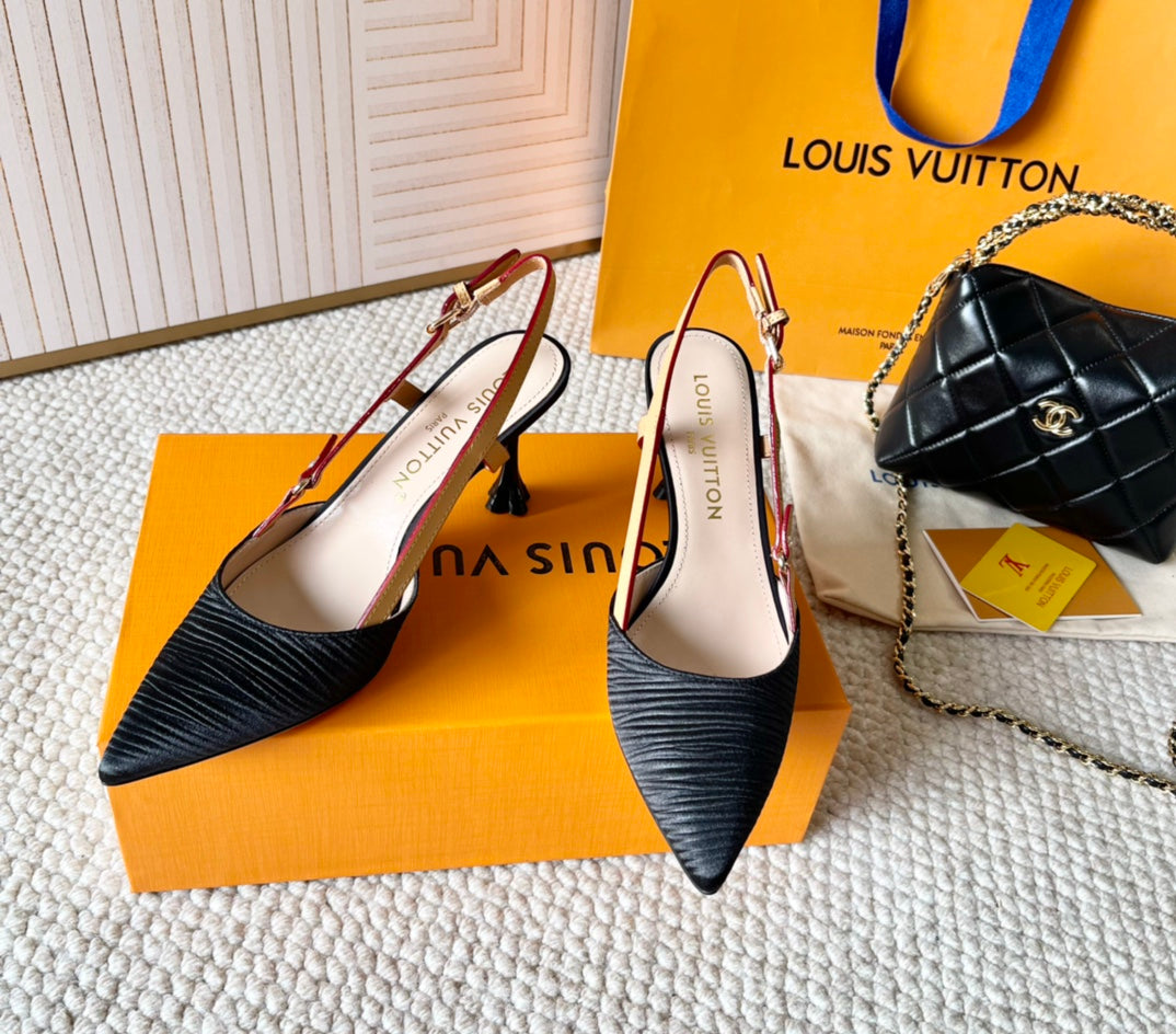 LOUIS VUITTON BLOSSOM PUMP SLINGBACKS 75 MM IN BLACK IMPORTED STRIPED SILK SATIN