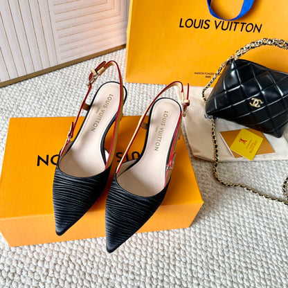 LOUIS VUITTON BLOSSOM PUMP SLINGBACKS 55 MM IN BLACK IMPORTED STRIPED SILK SATIN