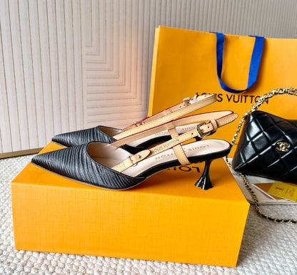 LOUIS VUITTON BLOSSOM PUMP SLINGBACKS 55 MM IN BLACK IMPORTED STRIPED SILK SATIN