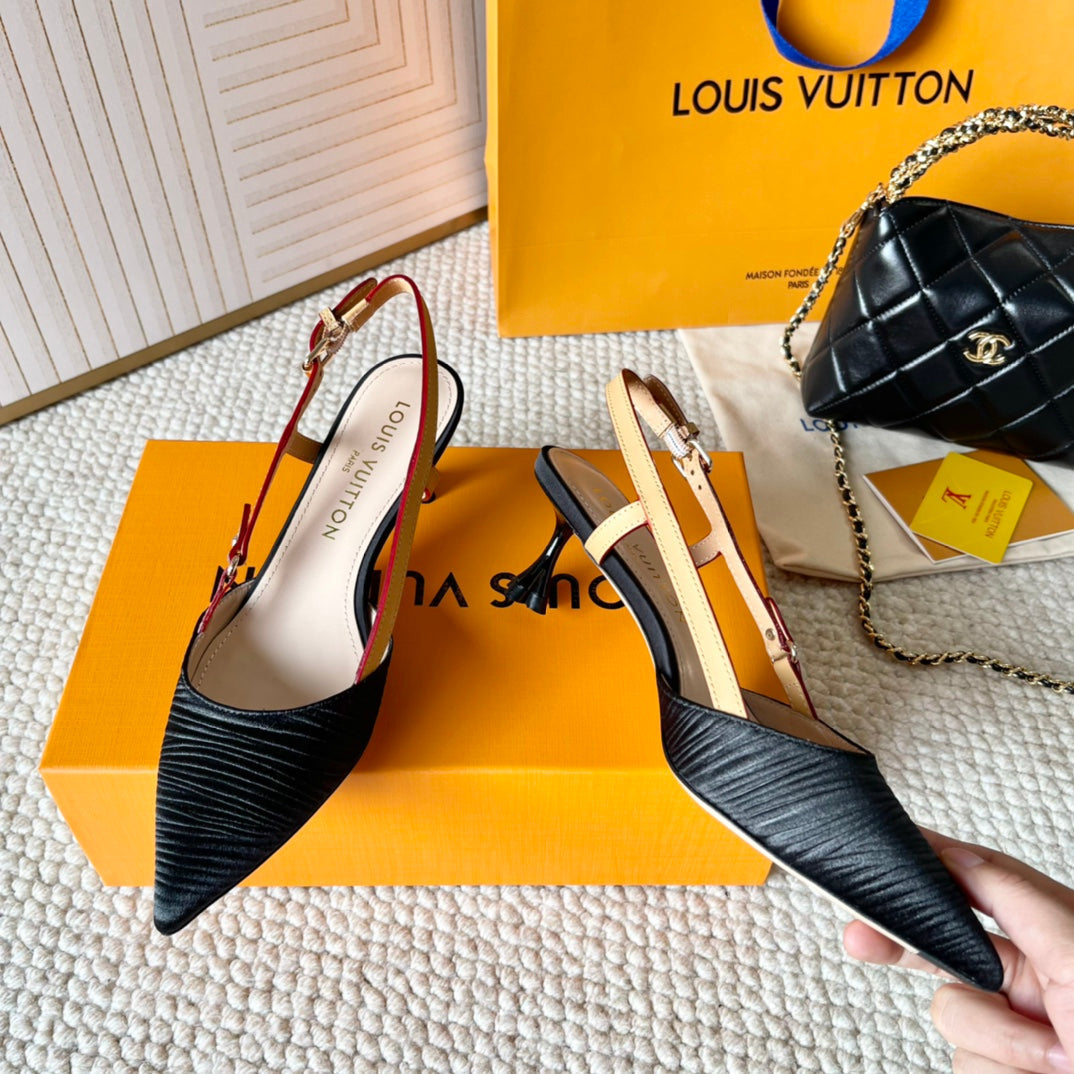 LOUIS VUITTON BLOSSOM PUMP SLINGBACKS 55 MM IN BLACK IMPORTED STRIPED SILK SATIN