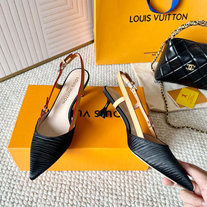 LOUIS VUITTON BLOSSOM PUMP SLINGBACKS 55 MM IN BLACK IMPORTED STRIPED SILK SATIN