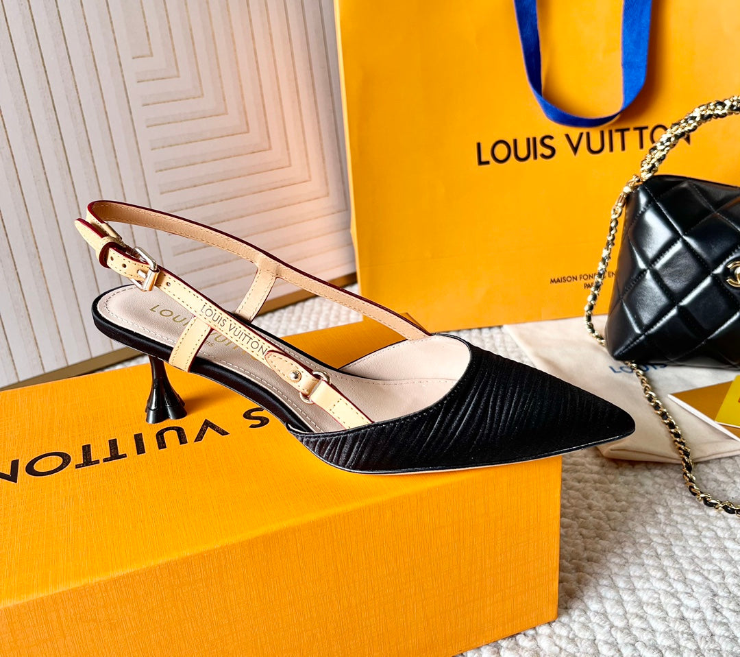 LOUIS VUITTON BLOSSOM PUMP SLINGBACKS 55 MM IN BLACK IMPORTED STRIPED SILK SATIN