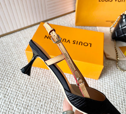 LOUIS VUITTON BLOSSOM PUMP SLINGBACKS 55 MM IN BLACK IMPORTED STRIPED SILK SATIN