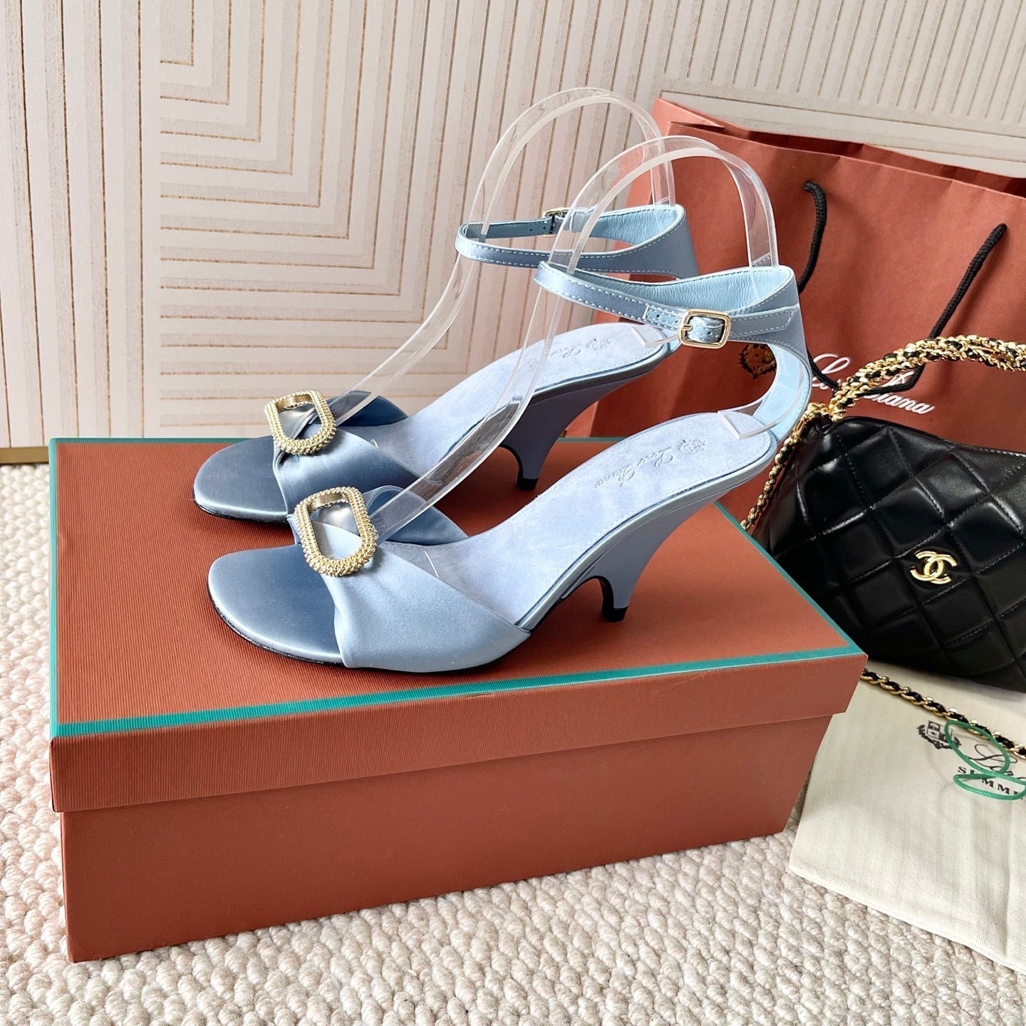 HIGH HEELS SANDALS 80 MM IN PASTEL BLUE SATIN MIX SUEDE