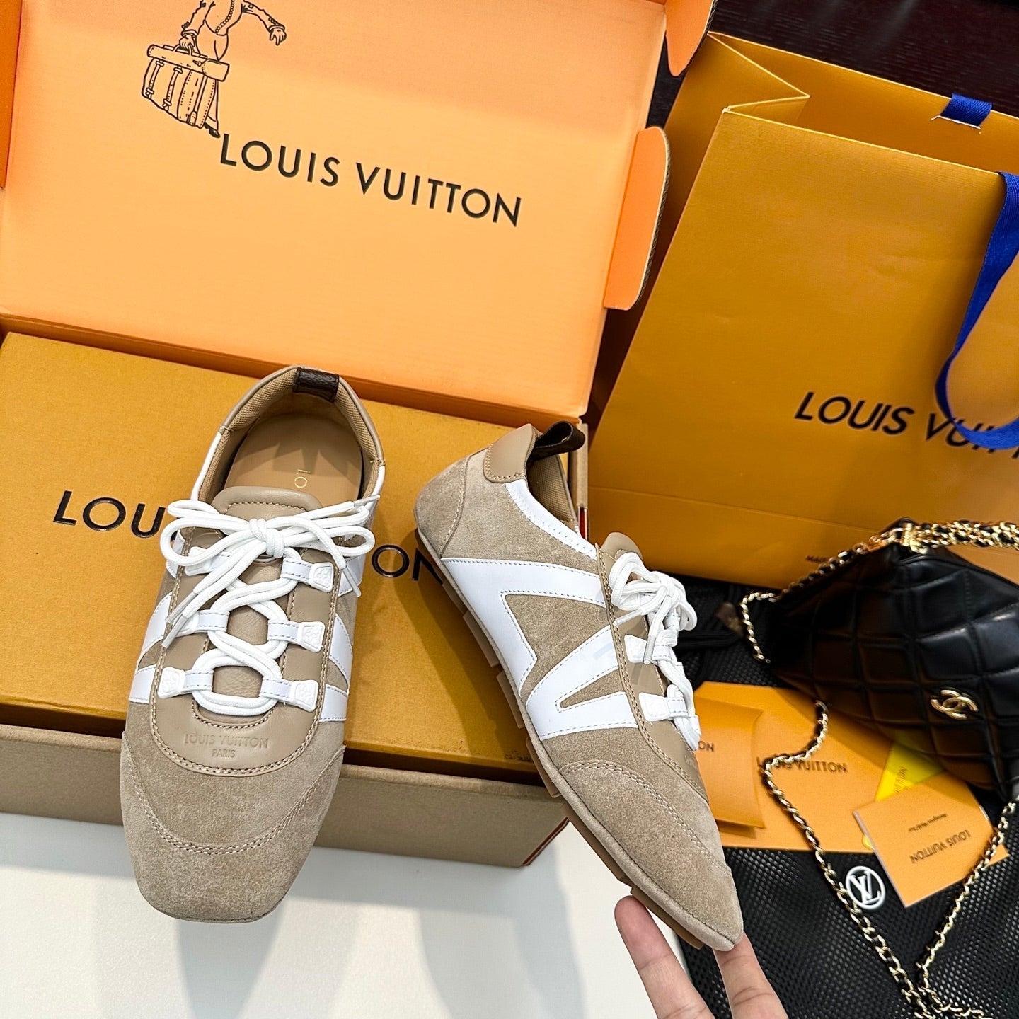 LOUIS VUITTON SNEAKERINA TRAINERS IN BROWN AND WHITE SUEDE