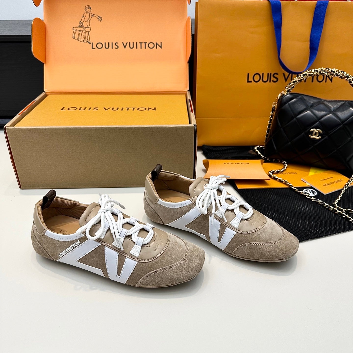 LOUIS VUITTON SNEAKERINA TRAINERS IN BROWN AND WHITE SUEDE