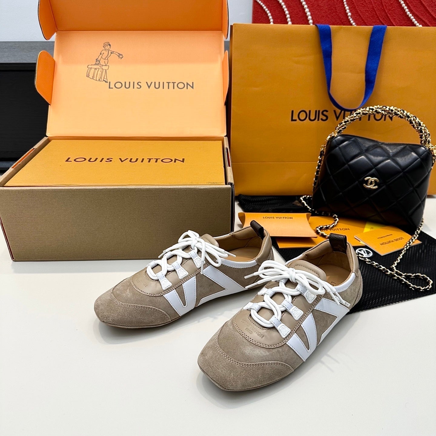 LOUIS VUITTON SNEAKERINA TRAINERS IN BROWN AND WHITE SUEDE