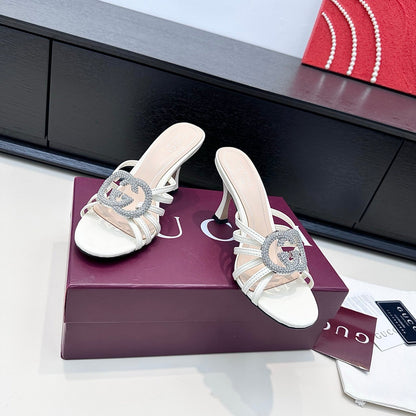 GUCCI 26S HEELED SANDALS 85 MM IN WHITE CALFSKIN WITH CRYSTAL
