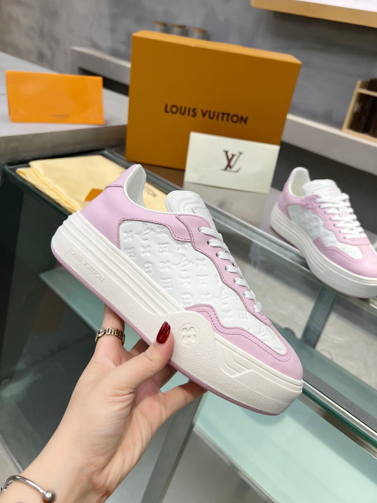 LOUIS VUITTON LV WOMEN GROOVY PLATFORM IN WHITE MIX LIGHT PINK EMBOSSED CALFSKIN