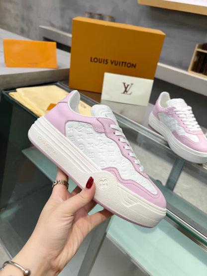 LOUIS VUITTON LV WOMEN GROOVY PLATFORM IN WHITE MIX LIGHT PINK EMBOSSED CALFSKIN