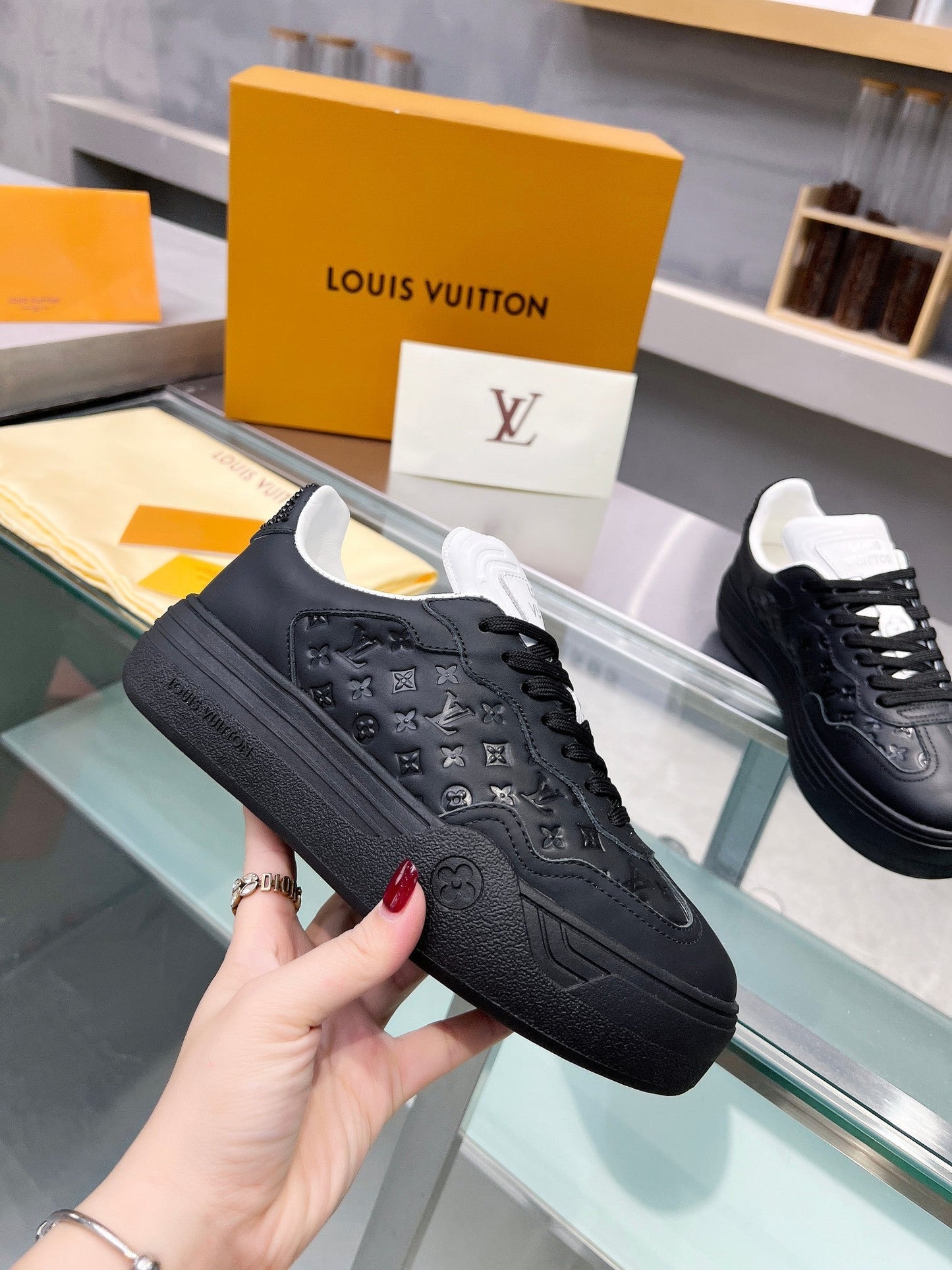 LOUIS VUITTON LV WOMEN GROOVY PLATFORM IN BLACK EMBOSSED CALFSKIN