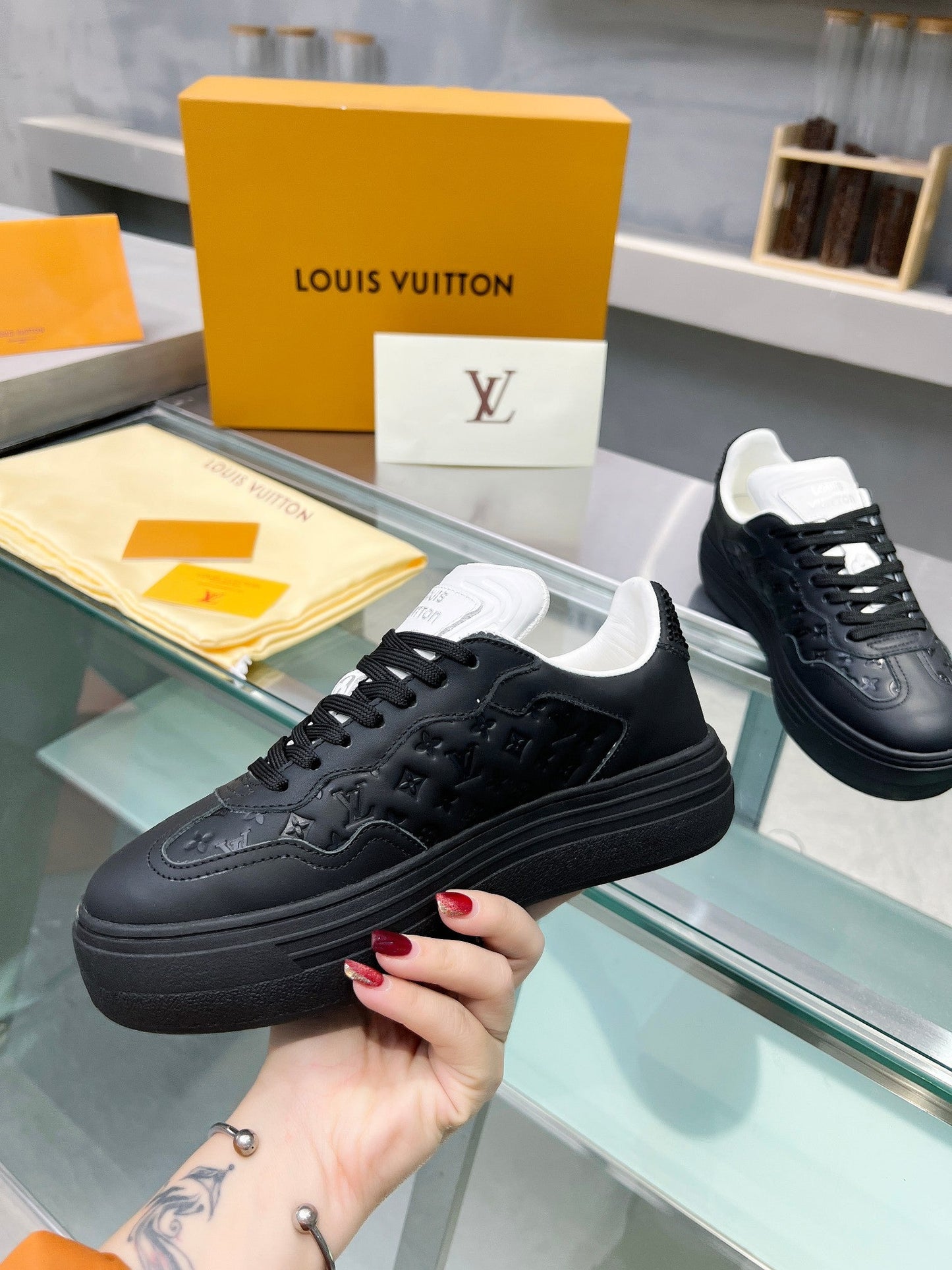 LOUIS VUITTON LV WOMEN GROOVY PLATFORM IN BLACK EMBOSSED CALFSKIN