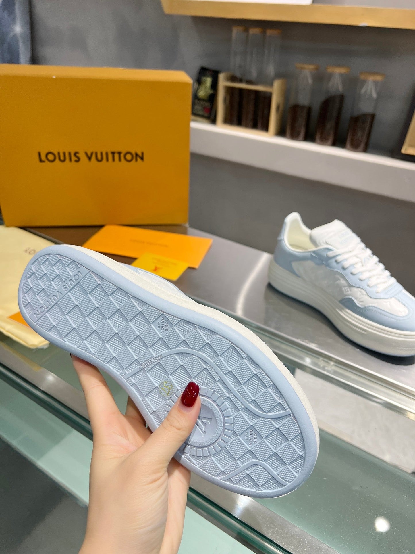LOUIS VUITTON LV WOMEN GROOVY PLATFORM IN WHITE MIX LIGHT BLUE EMBOSSED CALFSKIN