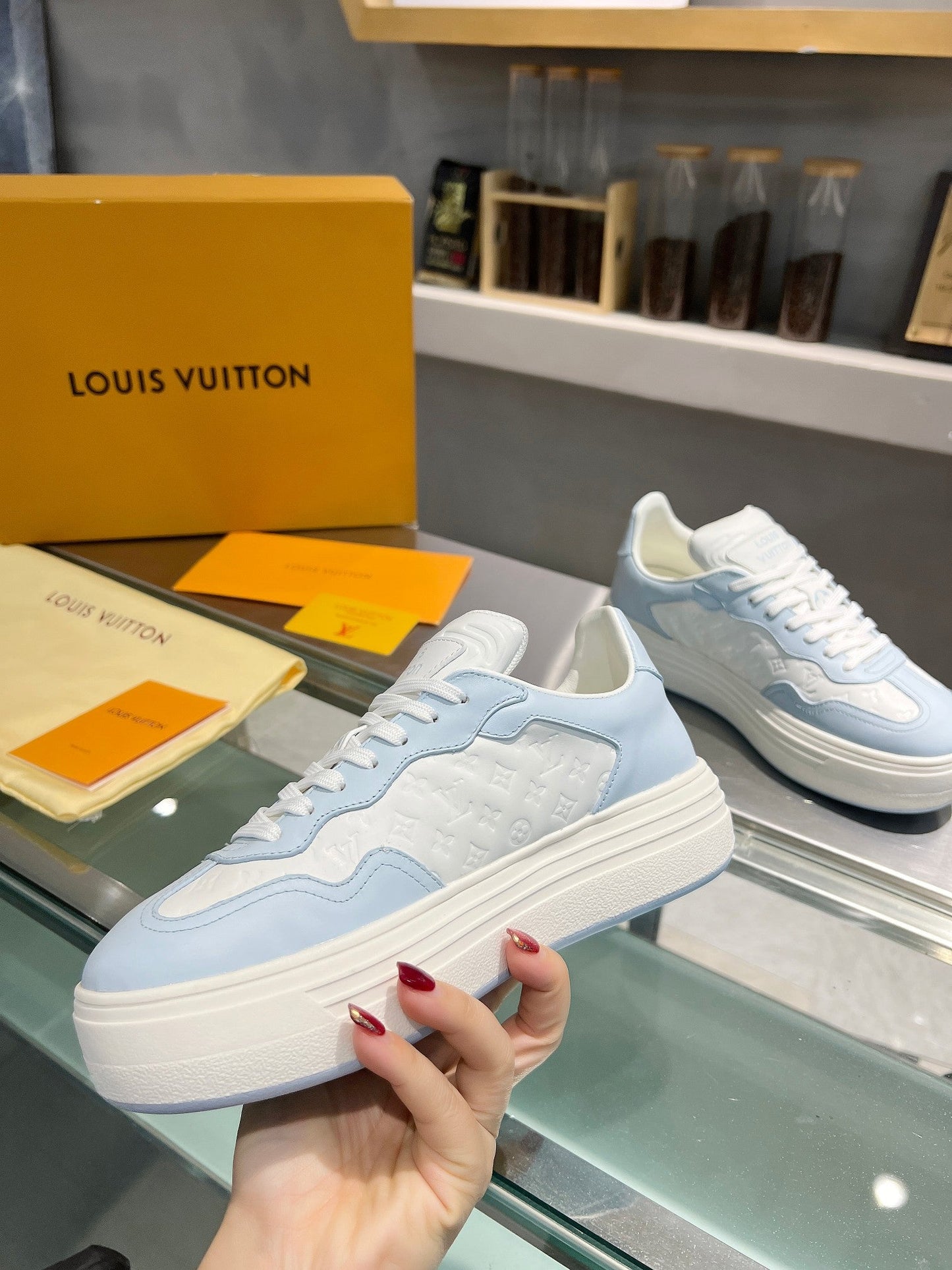 LOUIS VUITTON LV WOMEN GROOVY PLATFORM IN WHITE MIX LIGHT BLUE EMBOSSED CALFSKIN