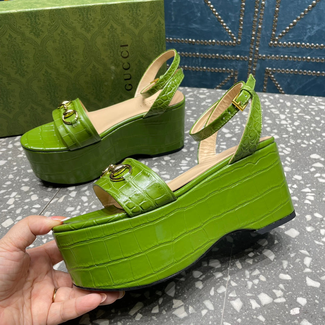 GUCCI HORSEBIT PLATFORM SANDAL GREEN CALFSKIN