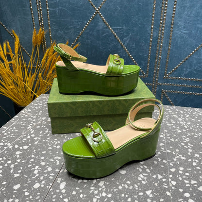 GUCCI HORSEBIT PLATFORM SANDAL GREEN CALFSKIN