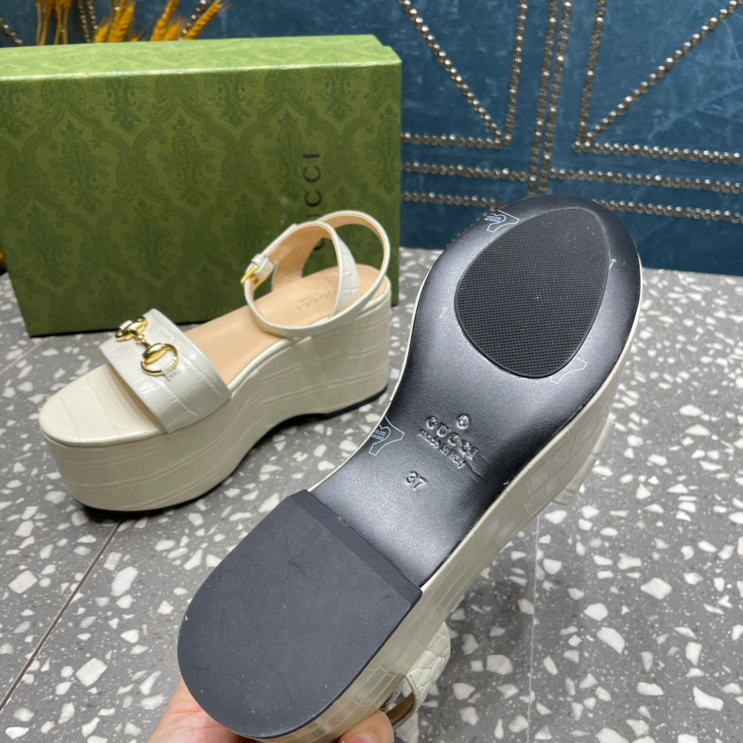 GUCCI HORSEBIT FLATFORM SANDAL GLOSSY WHITE CALFSKIN