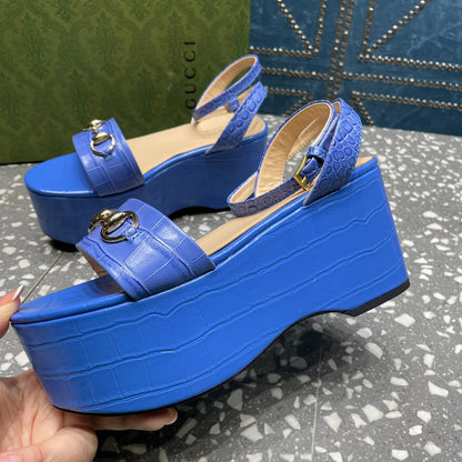 GUCCI HORSEBIT FLATFORM SANDAL COBALT CALFSKIN