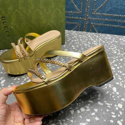 GUCCI HIGH WEDGE PLATFORM IN GOLD CALFSKIN WITH GOLD HARDWARE