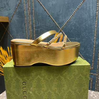 GUCCI HIGH WEDGE PLATFORM IN GOLD CALFSKIN WITH GOLD HARDWARE