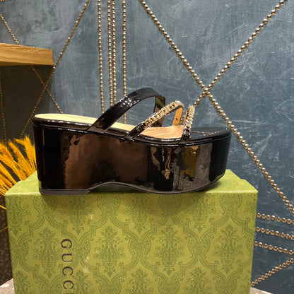 GUCCI HIGH WEDGE PLATFORM IN BLACK CALFSKIN WITH GOLD HARDWARE