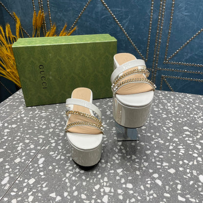 GUCCI HIGH WEDGE PLATFORM IN WHITE CALFSKIN WITH GOLD HARDWARE