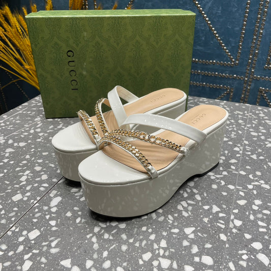 GUCCI HIGH WEDGE PLATFORM IN WHITE CALFSKIN WITH GOLD HARDWARE